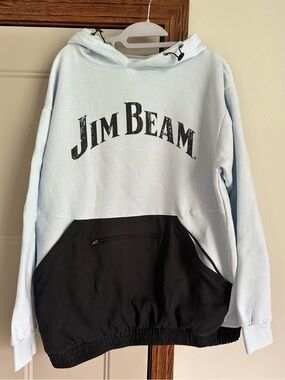 NWOT MV Sport Jim Beam Light Blue and Navy Pullover Hoodie size Large